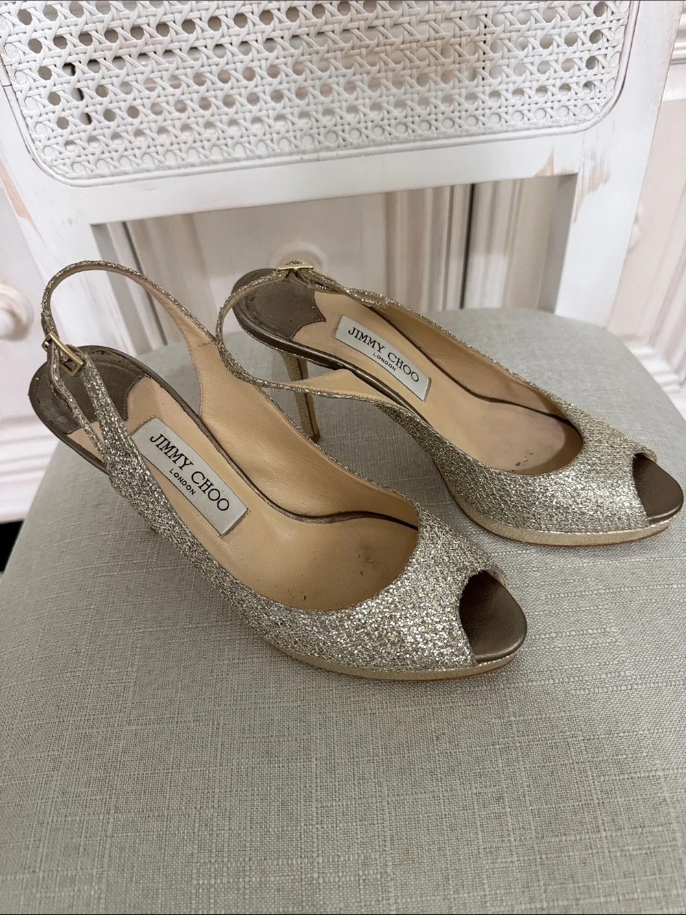 Jimmy Choo gold Glitter Peep-Toe Slingback Heels